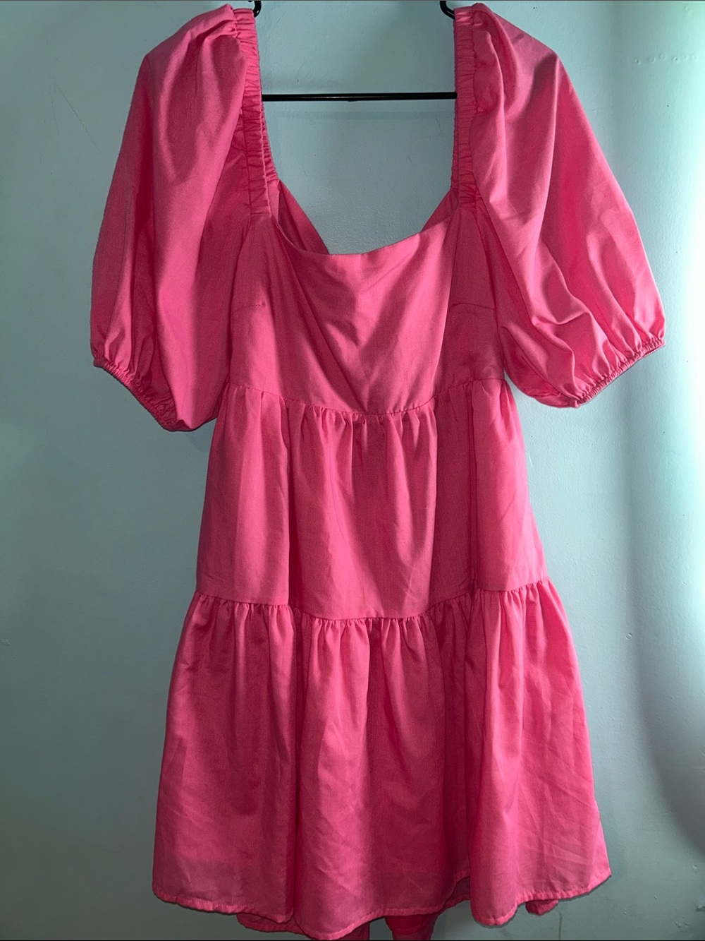 Bright Pink Puff Sleeve Tiered Mini Dress